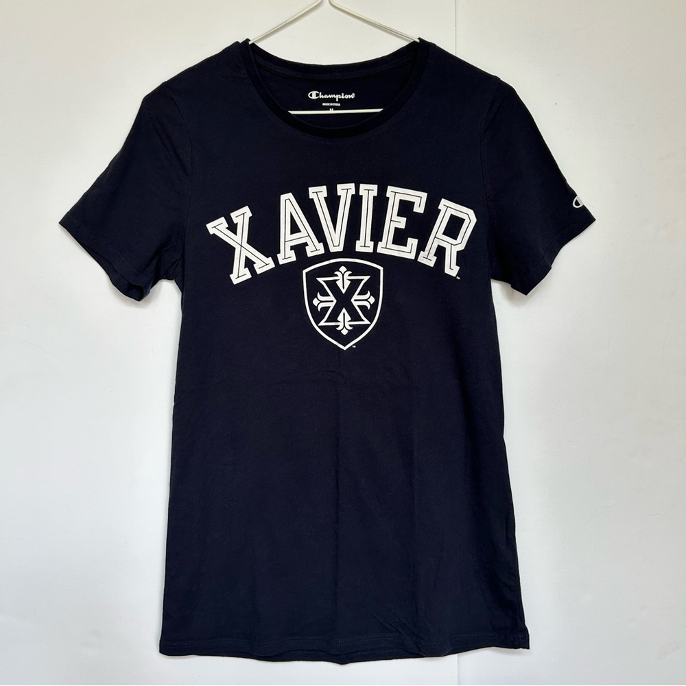 Champion Xavier University Blue “Xavier” and “Crest” Short Sleeve T Shirt Size M